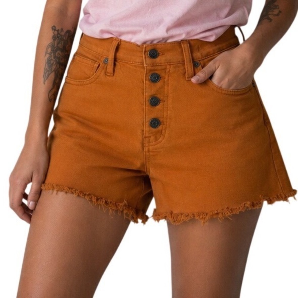 Madewell High Rise Denim Shorts 24 Burnt Orange Rust Button‎ Fly Raw Hem Cutoff